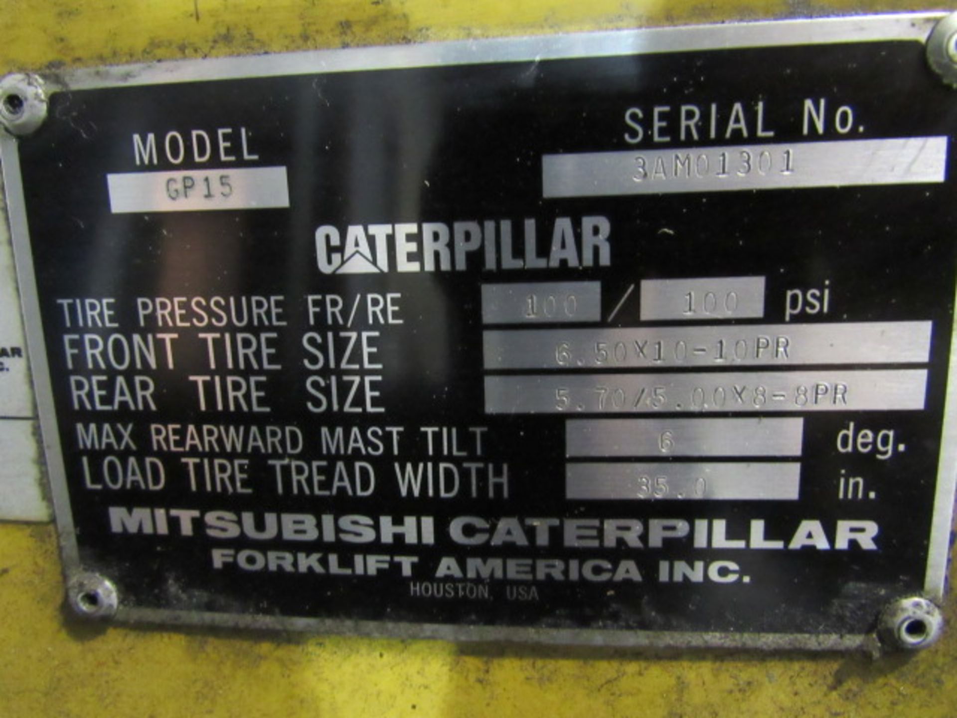 Caterpillar Model GP15 3000lb Capacity Gas Forklift with 2-Stage Mast, 36'' Forks, 4-Tread Tires, - Image 7 of 7