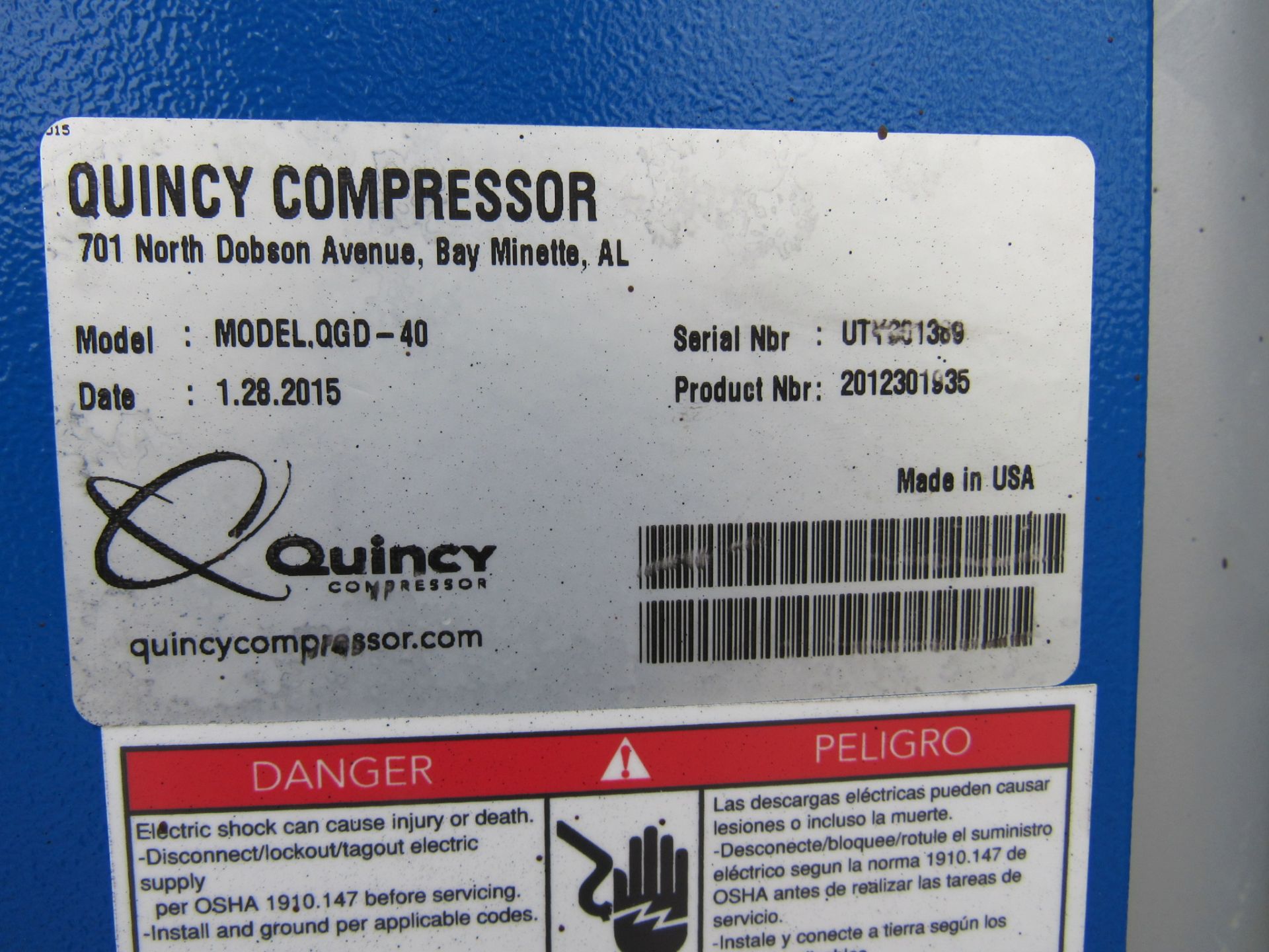 Quincy Model QGD-40 40 HP Rotary Screw Air Compressor with 300 PSI, sn:UTY301389, mfg.2015 - Image 6 of 6