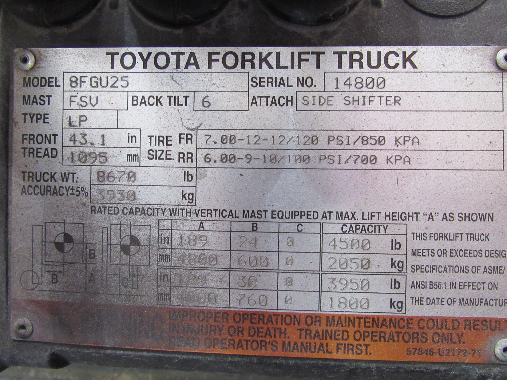 Toyota Model 8FGU25 5,000lb Capacity Propane Forklift - Image 5 of 5
