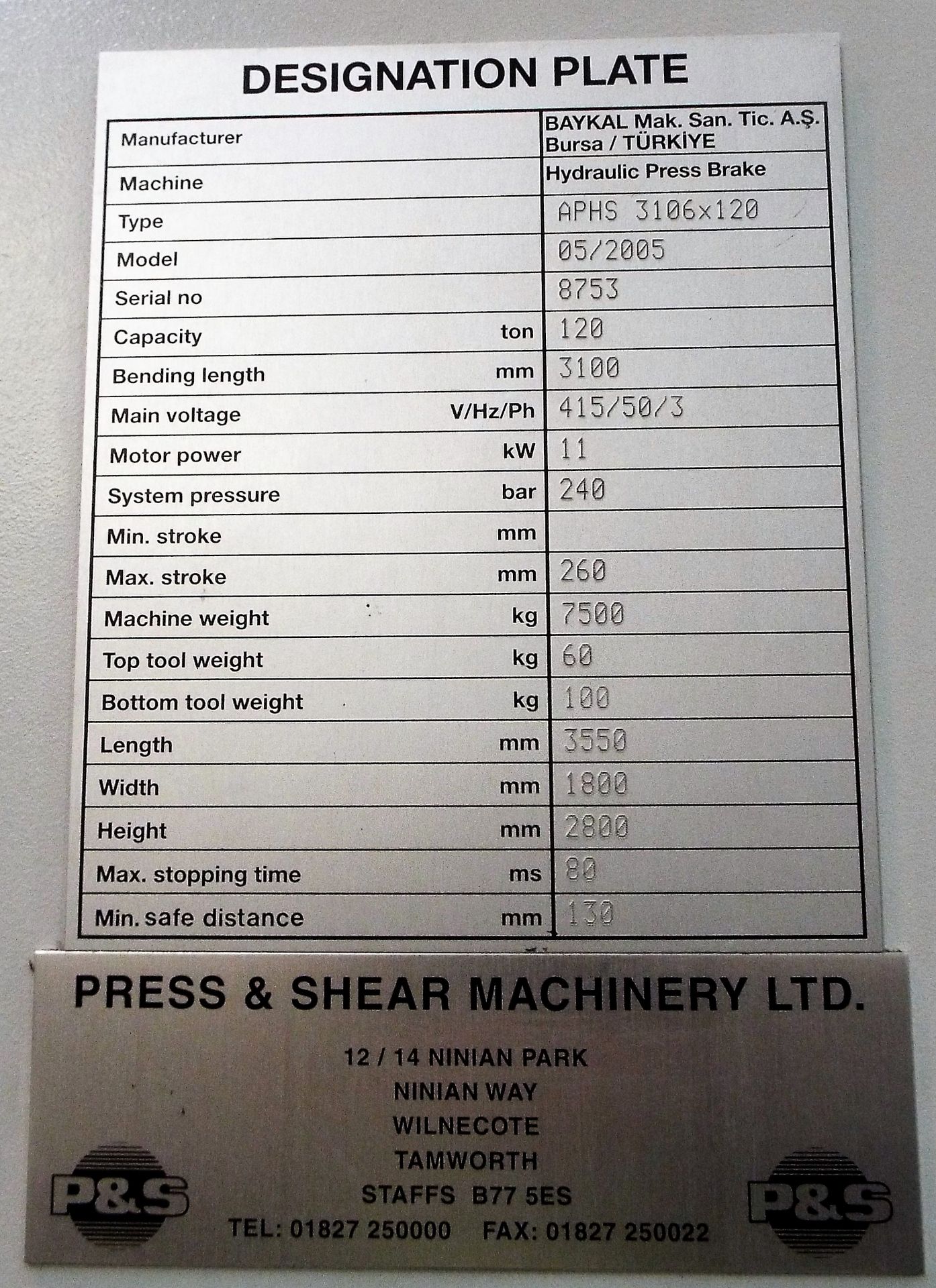 Baykal APHS 3106 x 120 CNC Hydraulic Brake Press - Image 7 of 24