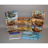 Ten plastic model kits, mostly military, by HobbyBoss, MiniHobbyModels and similar.