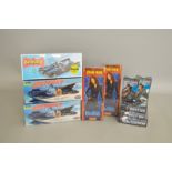 Ten superhero themed plastic model kits by Polar Lights and Moebius Models: two Batman Batboat;