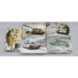 Five Takom 1:35 scale plastic model kits: three Chieftain tanks; two T-55 tanks. E, unused.