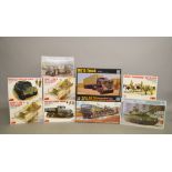 Nine MiniArt and Trumpeter military themed plastic model kits. Boxed, unstarted and complete.
