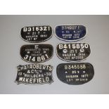 Five vintage cast iron Shildon Wagon Plates dated 1948, 1954, 1972 and 1977.