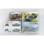 Four Takom 1:35 scale plastic model kits: two tanks - a Leopard and an AMX 13/75;