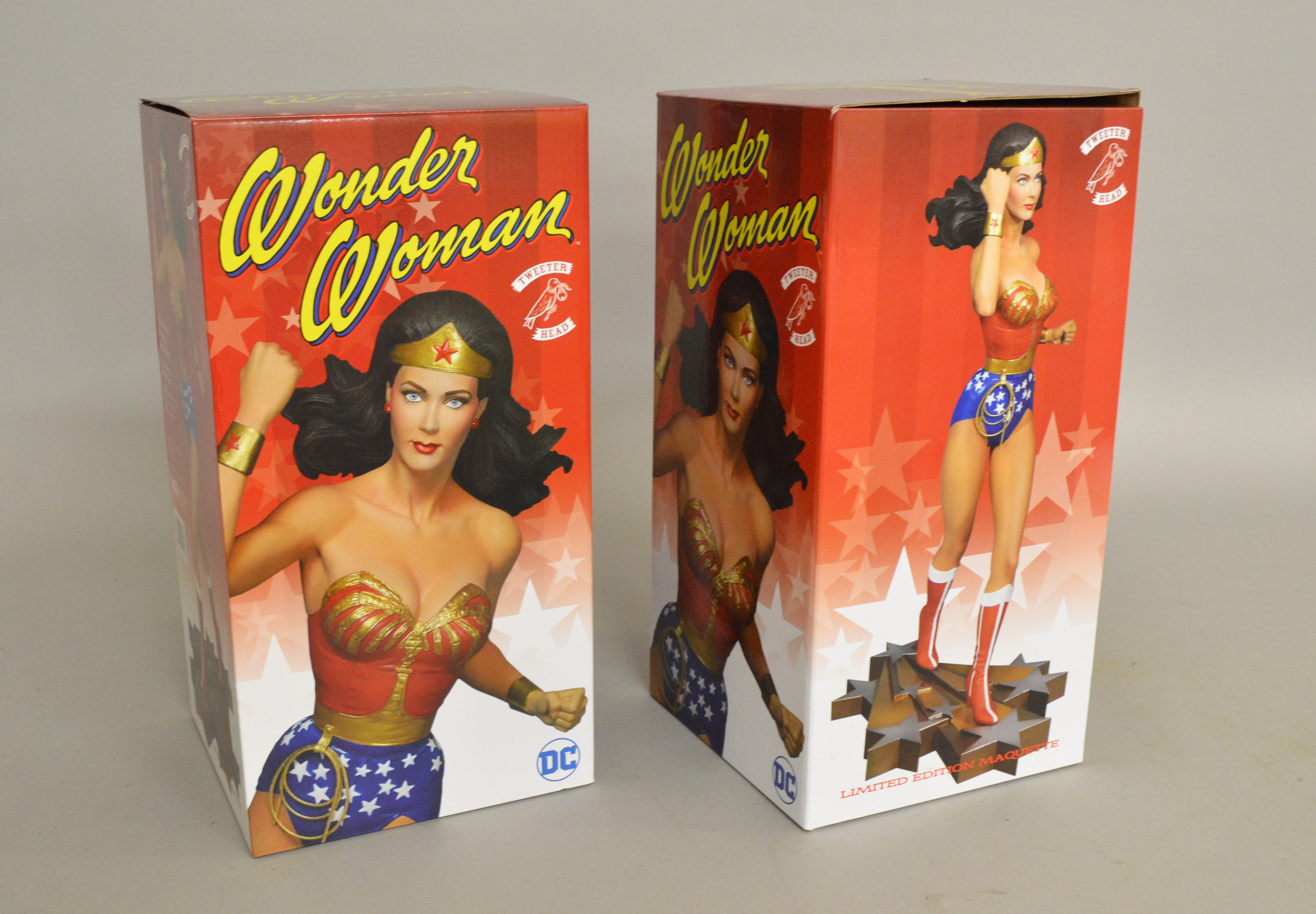 Two Wonder Woman limited edition maquette by Tweeter Head, 1/6th scale, 14 inches tall with base.