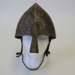 Viking style movie prop metal helmet with leather chin strap,