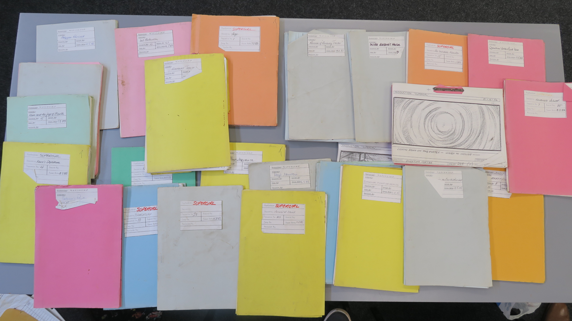 Supergirl original mimeographed production storyboards in titled folders dated from 1982 to 1983