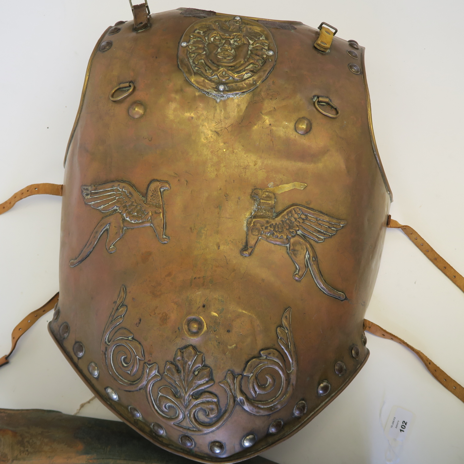 Metal chest plate movie prop with Medusa head and two griffin's decoration with leather straps and - Image 2 of 2