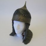 Dracula Untold metal helmet movie prop with chain mail aventail and pointed top in bronze and black