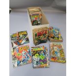 Collection of mostly Marvel comics in a comic box titles include The Fantastic Four #86 (Dr Doom