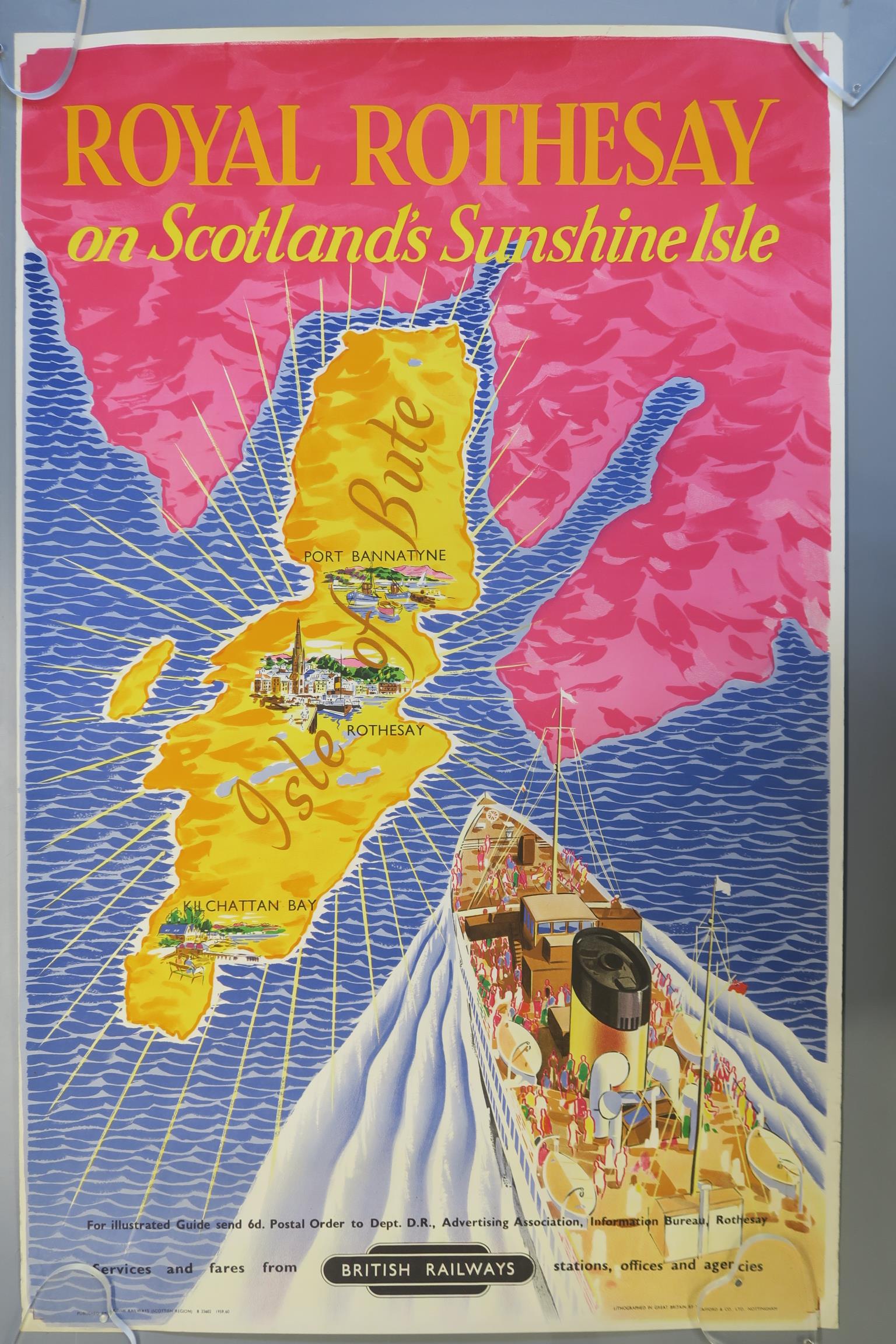 Vintage travel posters including British Railways 1959 "Royal Rothesay on Scotland's Sunshine Isle"