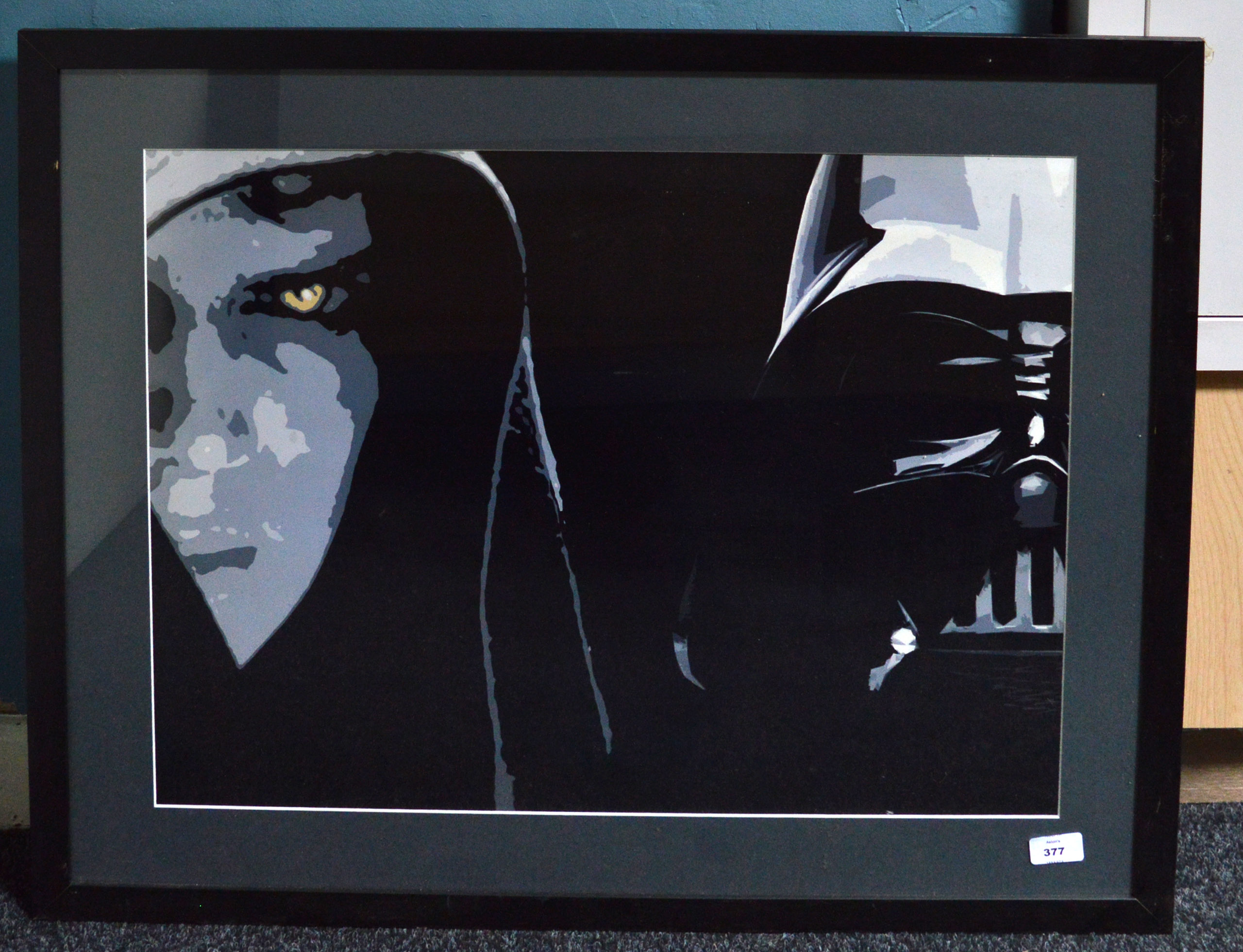 Two large glazed frames containing Star Wars inspired wall art and a Star Wars Trilogy poster. - Image 2 of 2