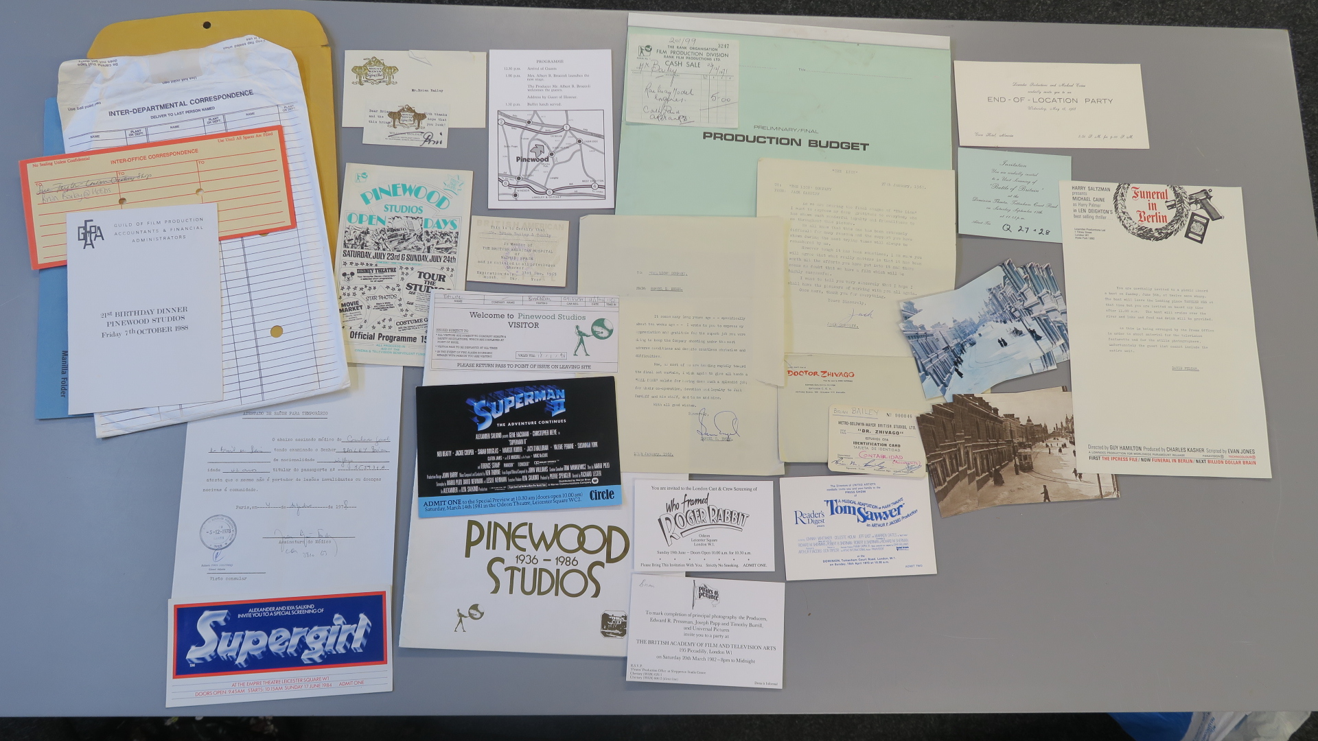 Collection of Pinewood studio production memorabilia including Premiere tickets for Supergirl,