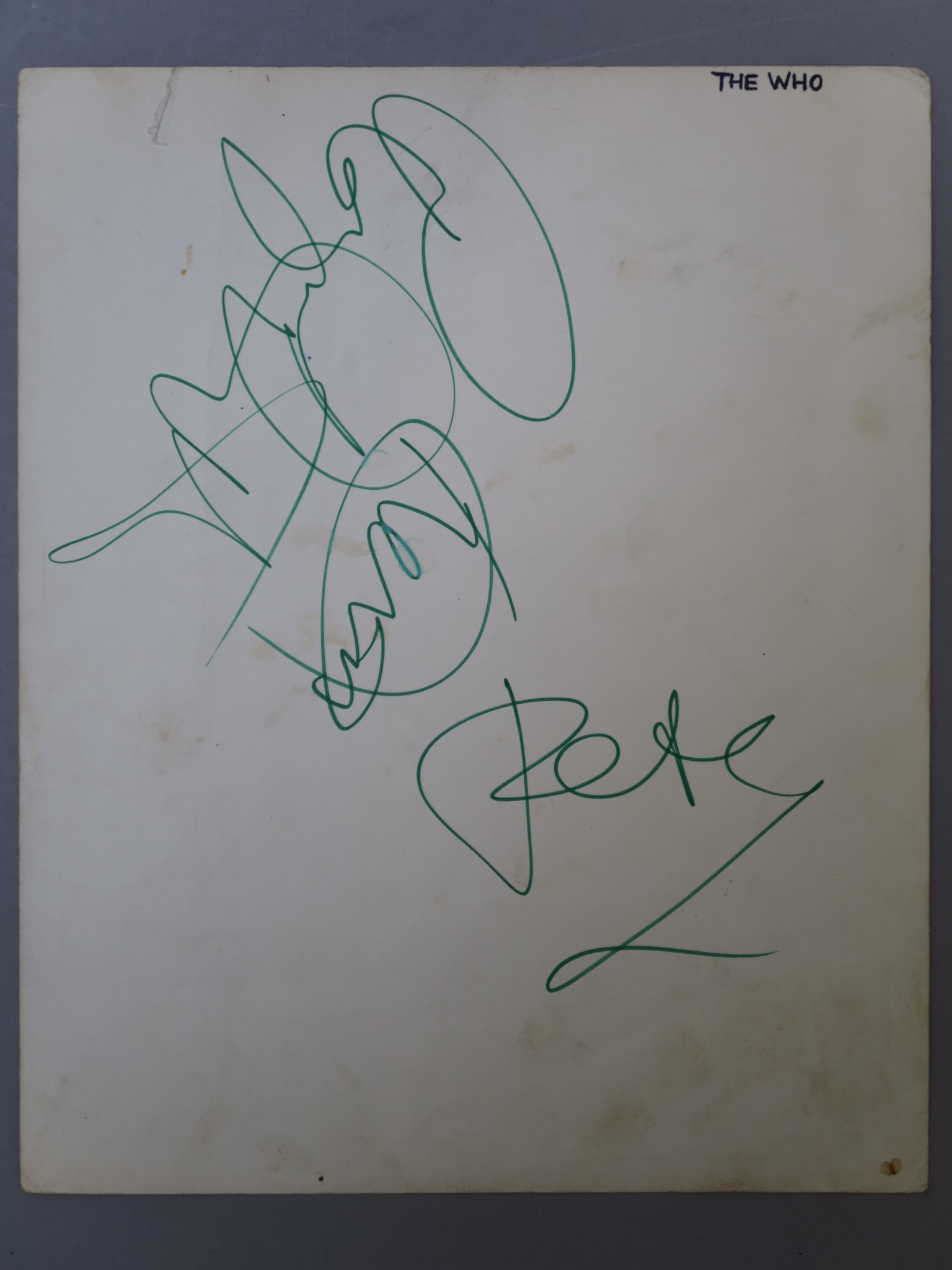 The Who original autographs from Pete Townshend, Keith Moon and Roger Daltrey.