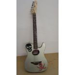 Fender Tele-acoustic silver guitar serial no KA00059278 with skull stickers complete with leather