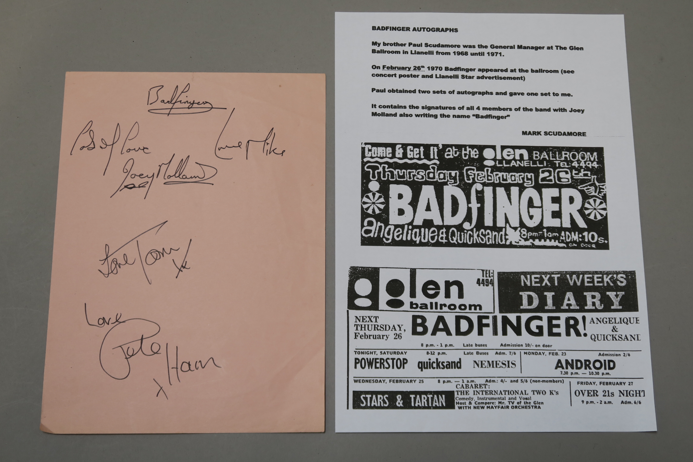 Badfinger autographs obtained from the Glen Ballroom on February 26th 1970.