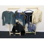 Six costume tops including Western Costume company green velvet v-neck jacket with name "Michelle