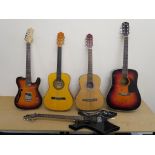 Five guitars including Fender Sunburst acoustic with unknown signature manufactured in China