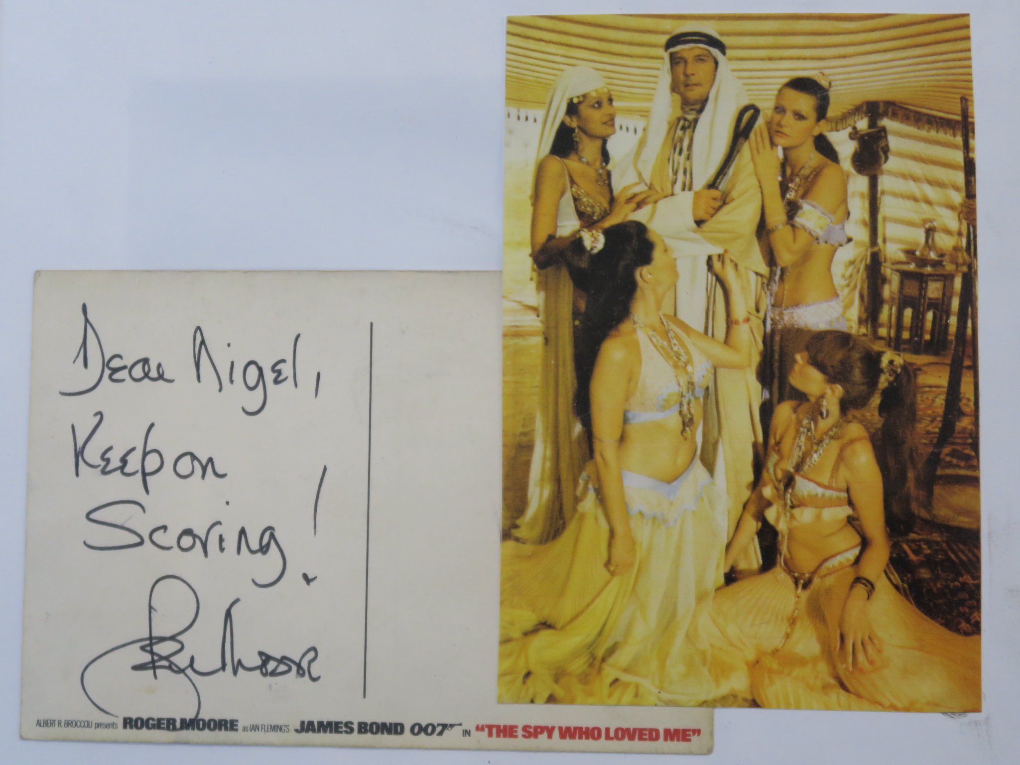 Roger Moore handwritten postcard to the son of the Production Accountant written on The Spy Who