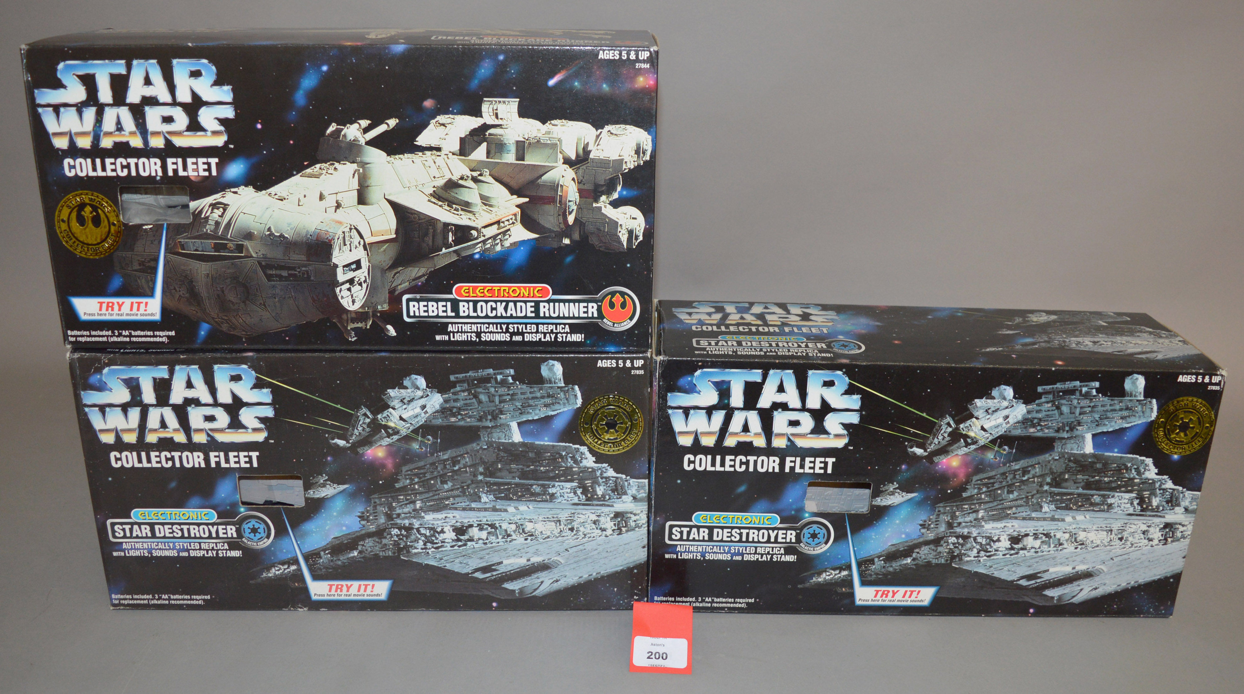 Three Hasbro Star Wars Collector Fleet electronic vehicles: two Star Destroyer;