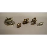 Five Pewter motorcycle statues by Shudehill Giftware all five are a rider on a motorbike on a base,