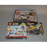Three Lego Star Wars sets: 4502 X-wing Fighter; 7749 Echo Base; 7141 Naboo Fighter. All sealed.