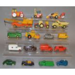 Eighteen unboxed Dinky diecast, which includes cars, and construction vehicles.