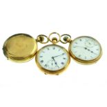 Three gold plated top-wind pocket watches (one A/F not working with chips to edge of glass),