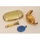 A small quantity to include a gilt sovereign case, nickel vesta, small desk seal, enamelled locket,