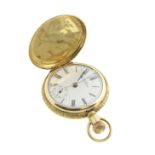 A Waltham decorated full hunter top-wind fob watch, marked 18k, with uncracked enamel dial,