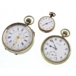 Two nickel cased top-wind pocket watches together with a nickel cased fob watch,