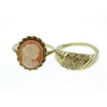 A cameo & cz set ring H/M 9ct, both size Q, approx gross weight 4.