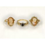 A 9ct H/M cameo ring together with two other rings, stamped 9ct, approx gross weight 7.