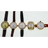 Five early 20th century gold-plated mechanical watches to include Waltham, Elgin, Roamer etc,