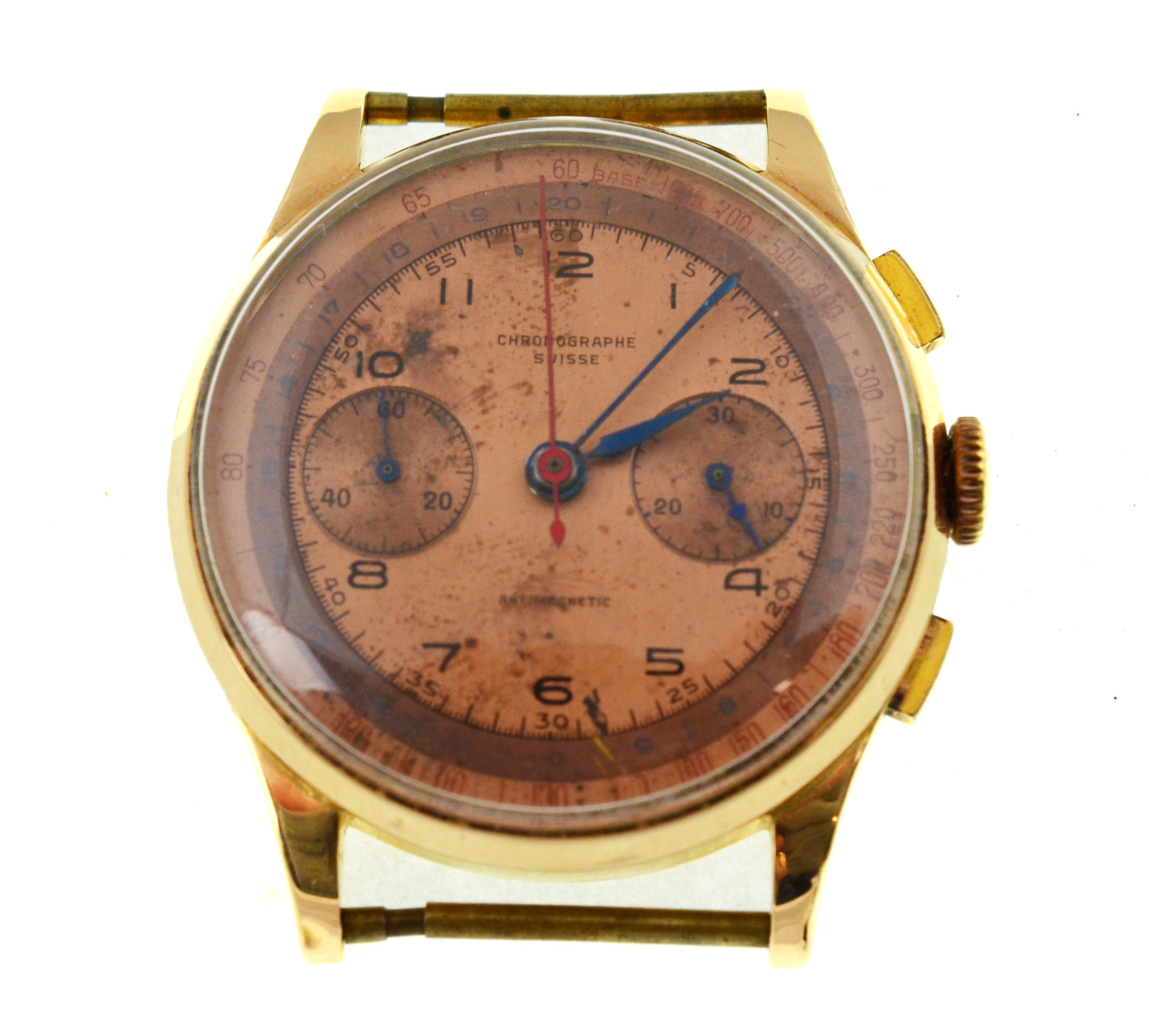 A gents chronograph Suisse Antimagnetic mechanical watch head, approx 40mm, stamped '18k 0.