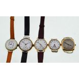 Five gold-plated mechanical watches, with some wear to plate on cases, overall good condition,