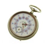 A nickel cased Goliath pocket watch, decorated enamelled dial with small hairline fracture,