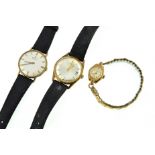 Three wristwatches, mechanical gents 9ct H/M Marvin with personal engraving on a leather strap,