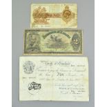 A 1950's London white £5 together with £1 Treasury note & a Dominion of Canada $2 dated 1897,