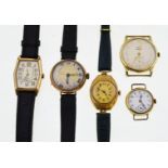 Five gold-plated early 20th century mechanical watches,