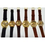 Six modern skeleton gold-plated mechanical wristwatches,