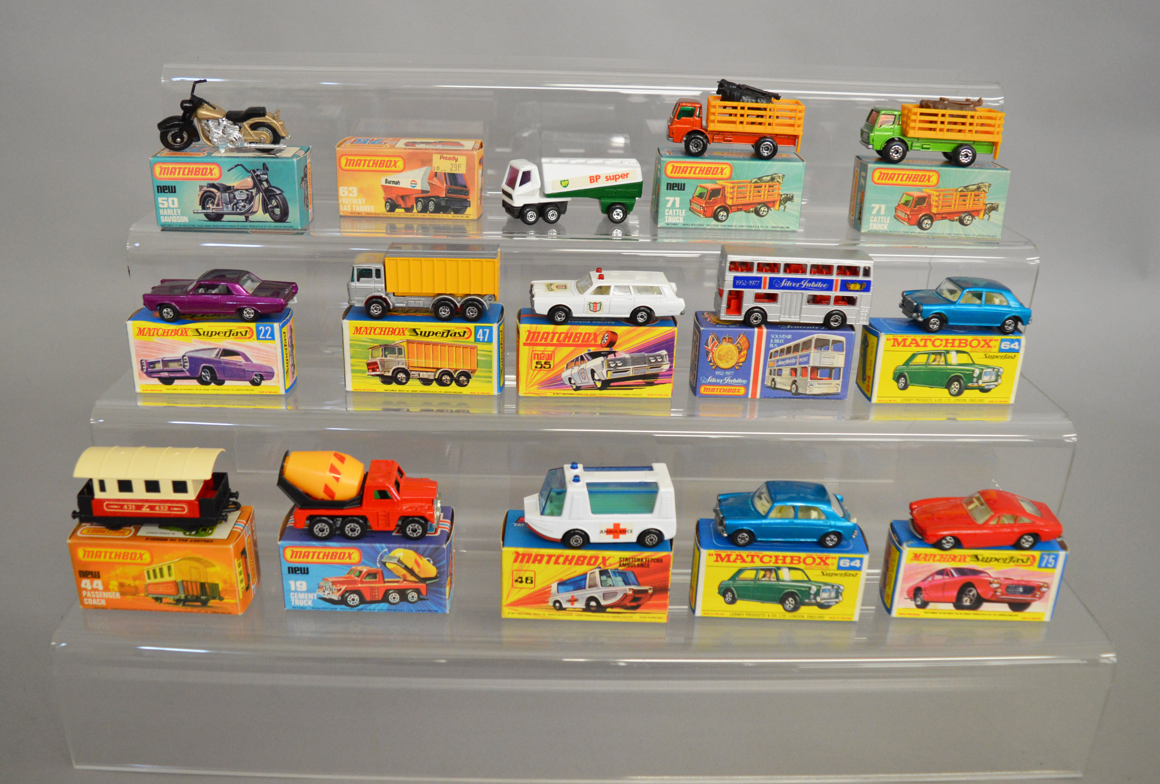 14 boxed Matchbox 1-75 series 'Superfast' models, including 19, 22 Pontiac, 44,