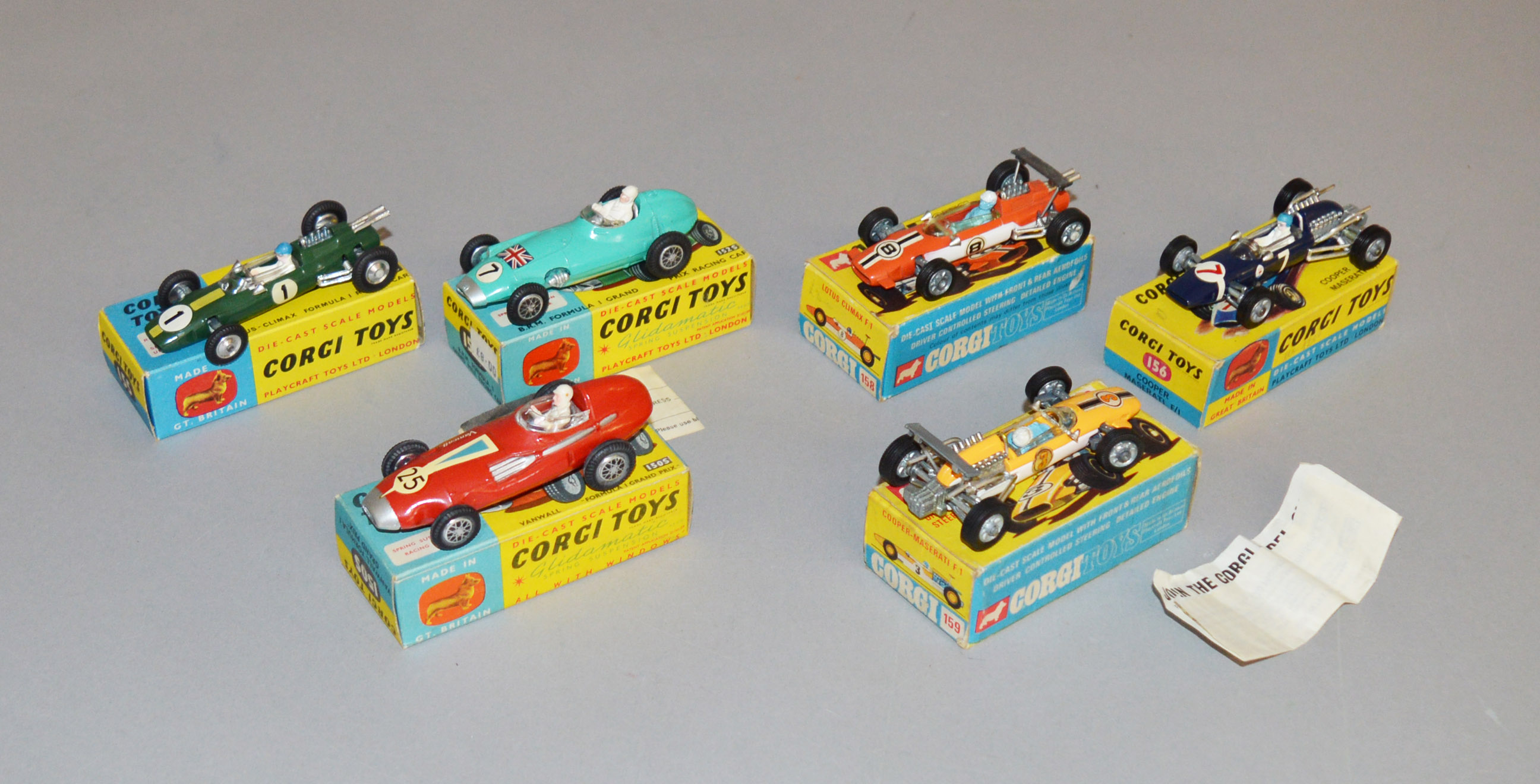 6 boxed Corgi Toys diecast model Racing Cars, 150S Vanwall, 152S BRM, 155 Lotus-Climax,