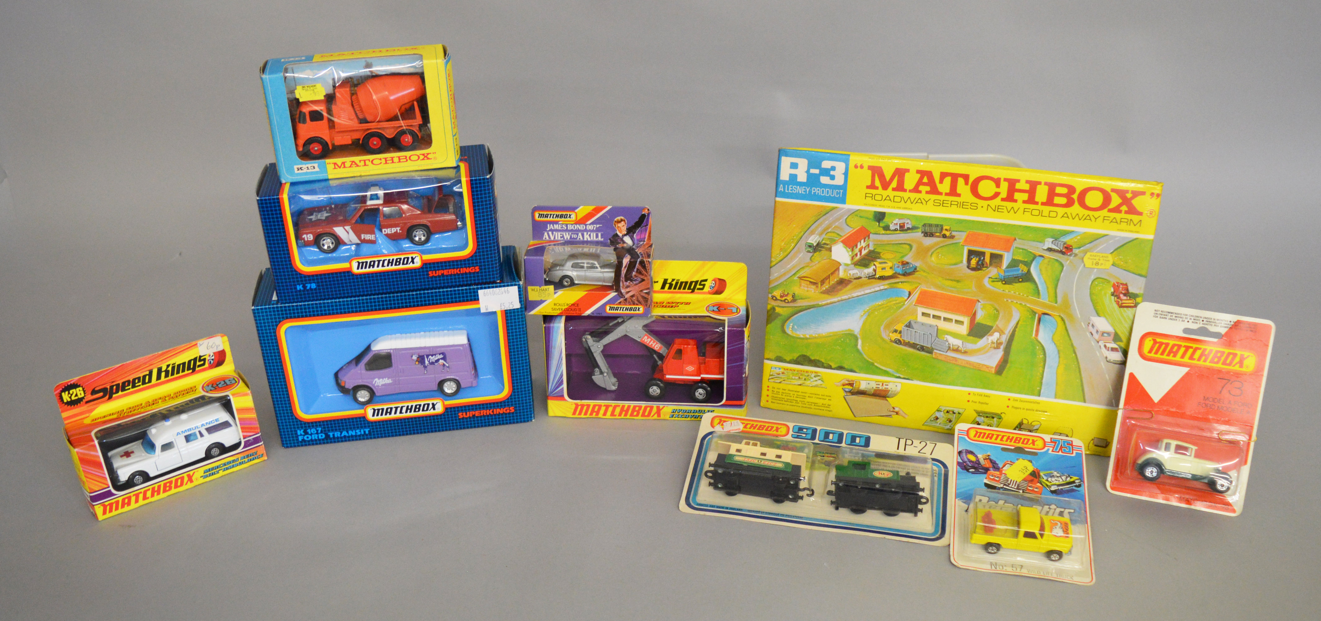 A varied selection boxed and carded diecast models by Matchbox including K-13 Ready Mix Concrete