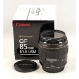 Canon EF 85mm f1.8 AF USM Prime Lens. (condition 4E). With caps and in makers box.