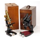 Brass Microscope by Hearson, London. #106 with 2 objectives in fitted wooden box.
