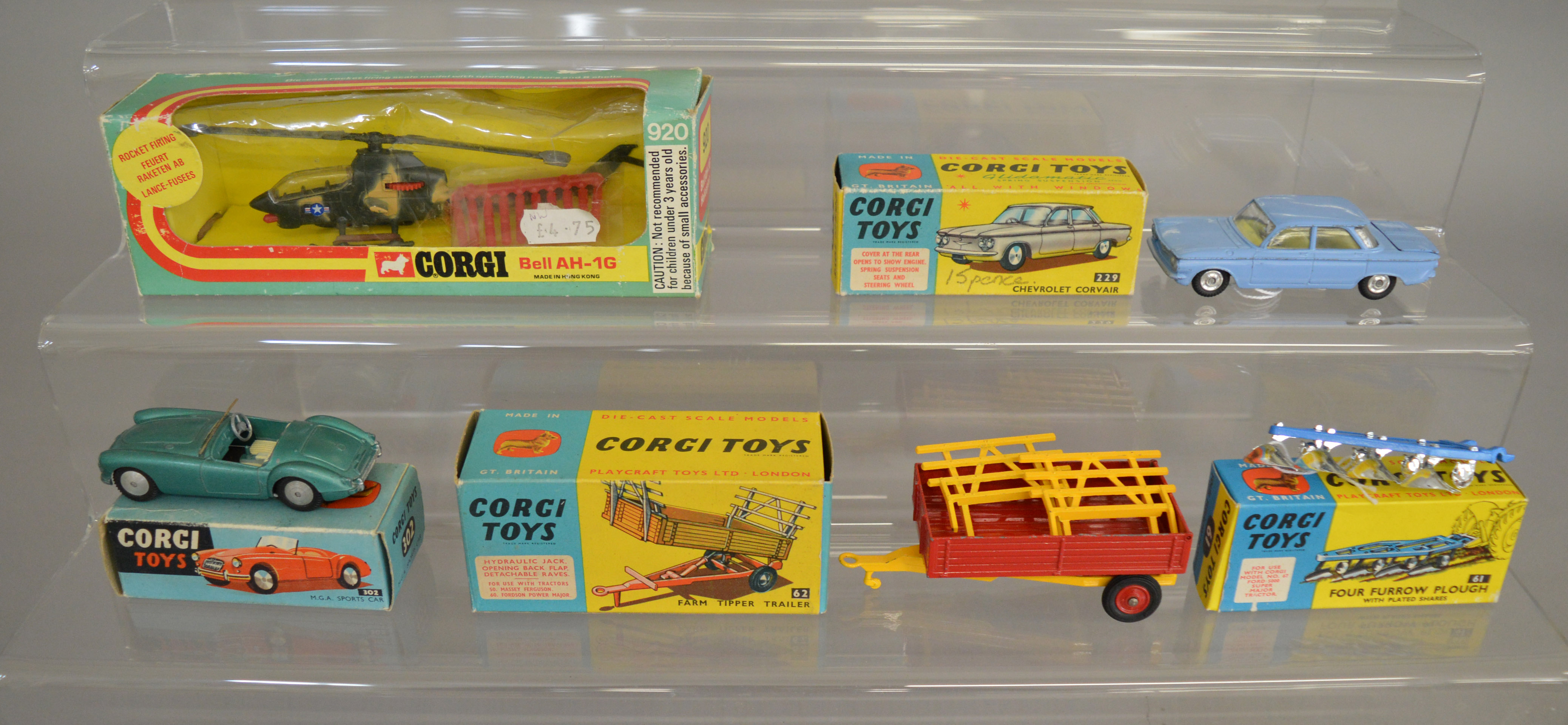 5 boxed Corgi Toys, #61 Four Furrow Plough, 62 Farm Tipper Trailer, 229 Chevrolet Corvair, 302 MGA