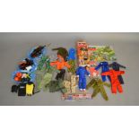 An unboxed flock haired Action Man figure, head detached, together with a quantity of items of